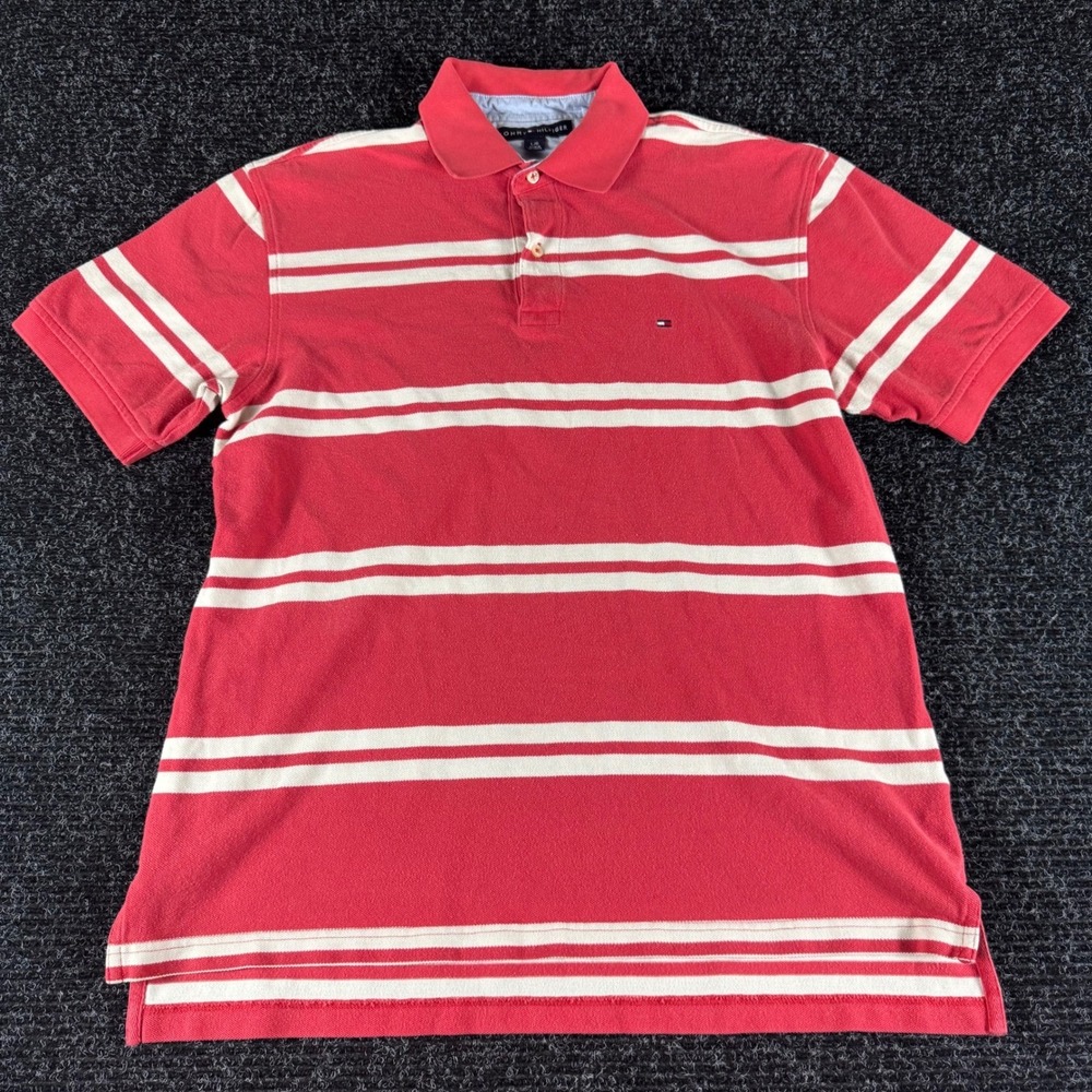 Tommy Hilfiger Mens Orange White Striped Short Sleeve Pique Polo Shirt Large L